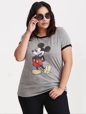 Torrid Disney Mickey Mouse Graphic Ringer Tee Gray with Black Trim 1x NWT
